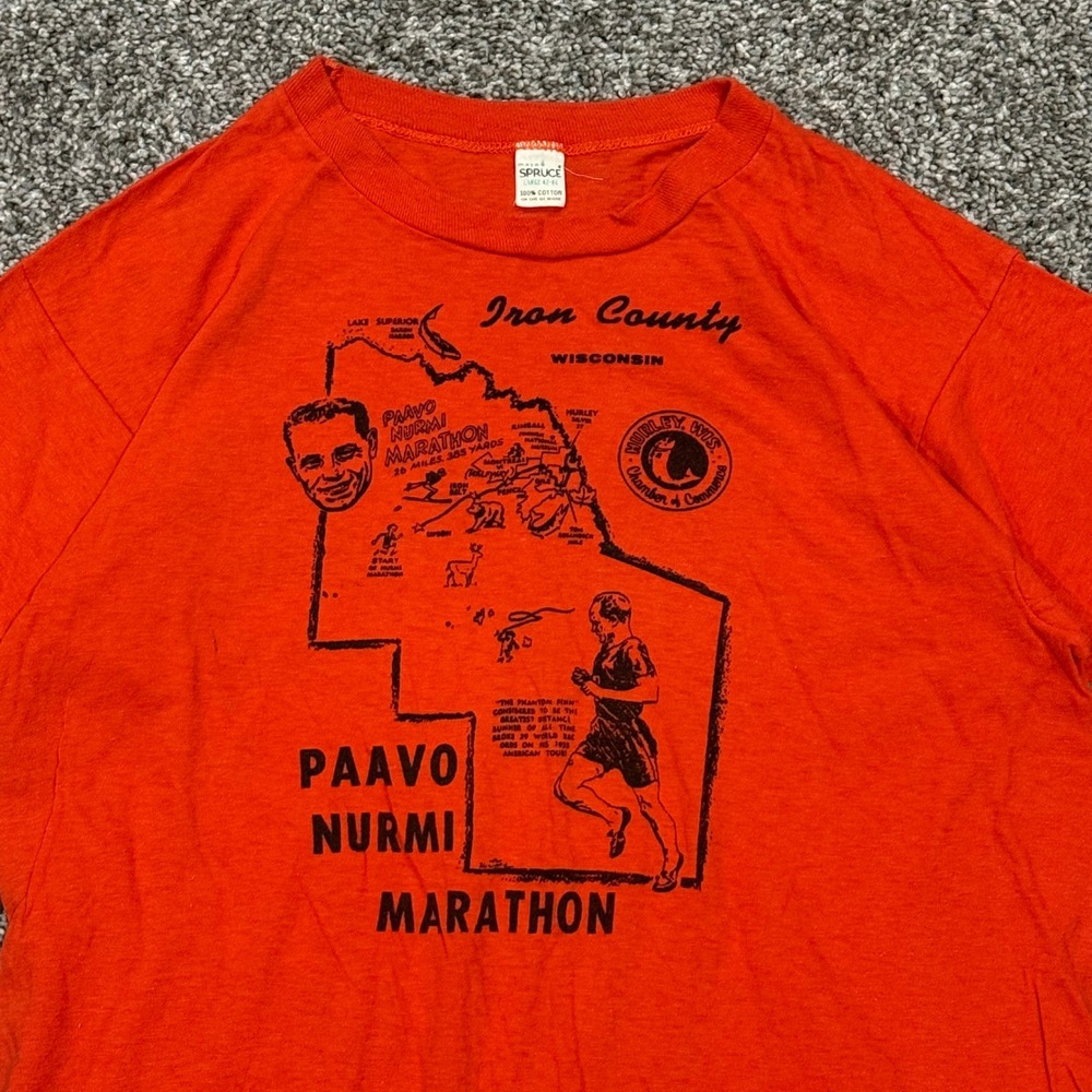 True Vintage 70s Mayo Spruce Paavo Nurmi Marathon Wisconsin T-Shirt Mens L Rare